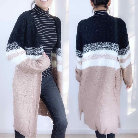 LONG CARDIGAN SWEATER WITH POCKETS - BLACK WHITE TAUPE - Picture 2 of 7